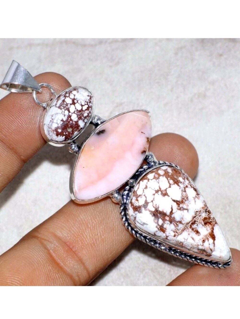 Wild Horse Jasper, Peruvian Pink Opal 925 Sterling Silver Pendant Necklace